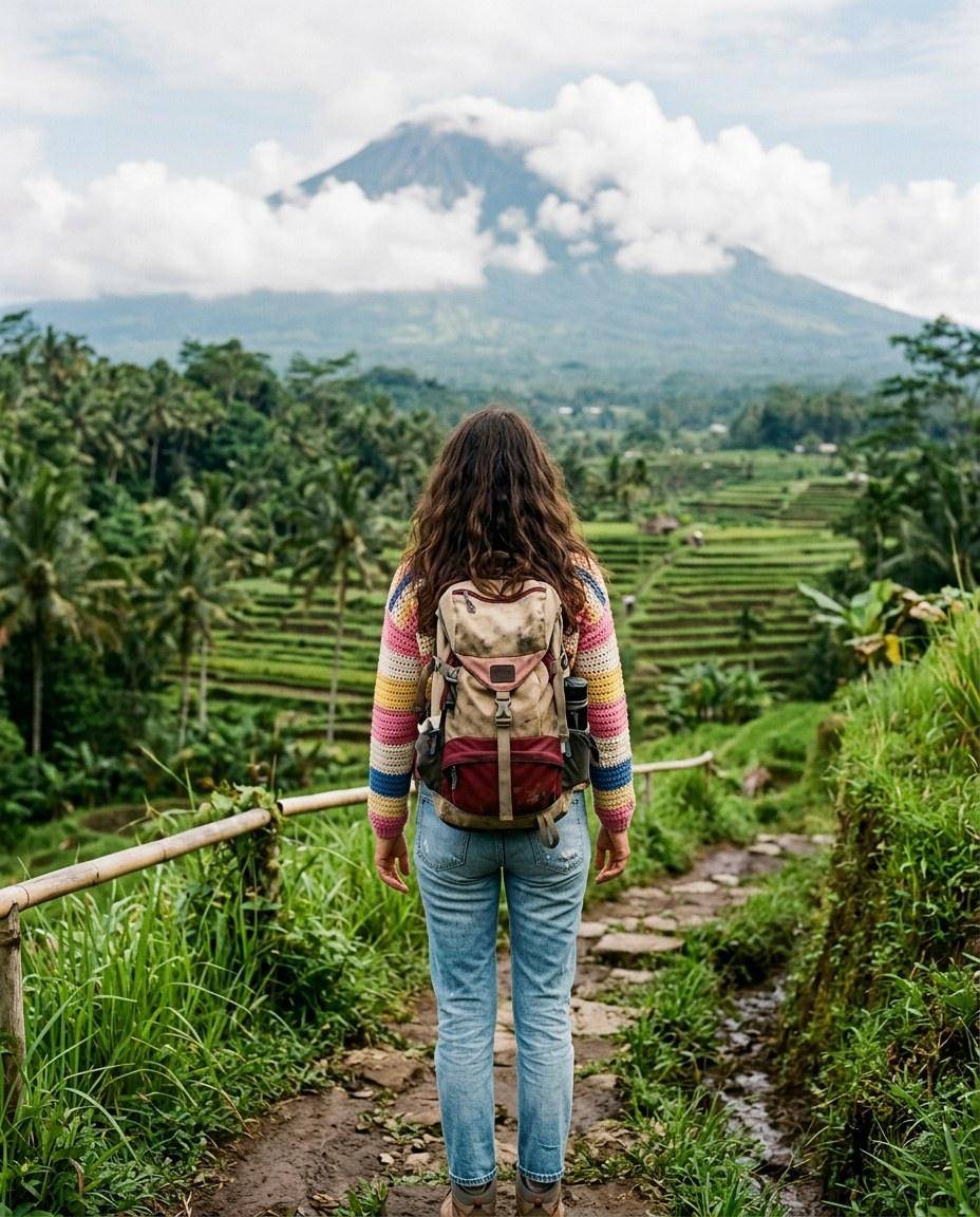 Mandy de dos, sac sur le dos, face aux rizières de Bali